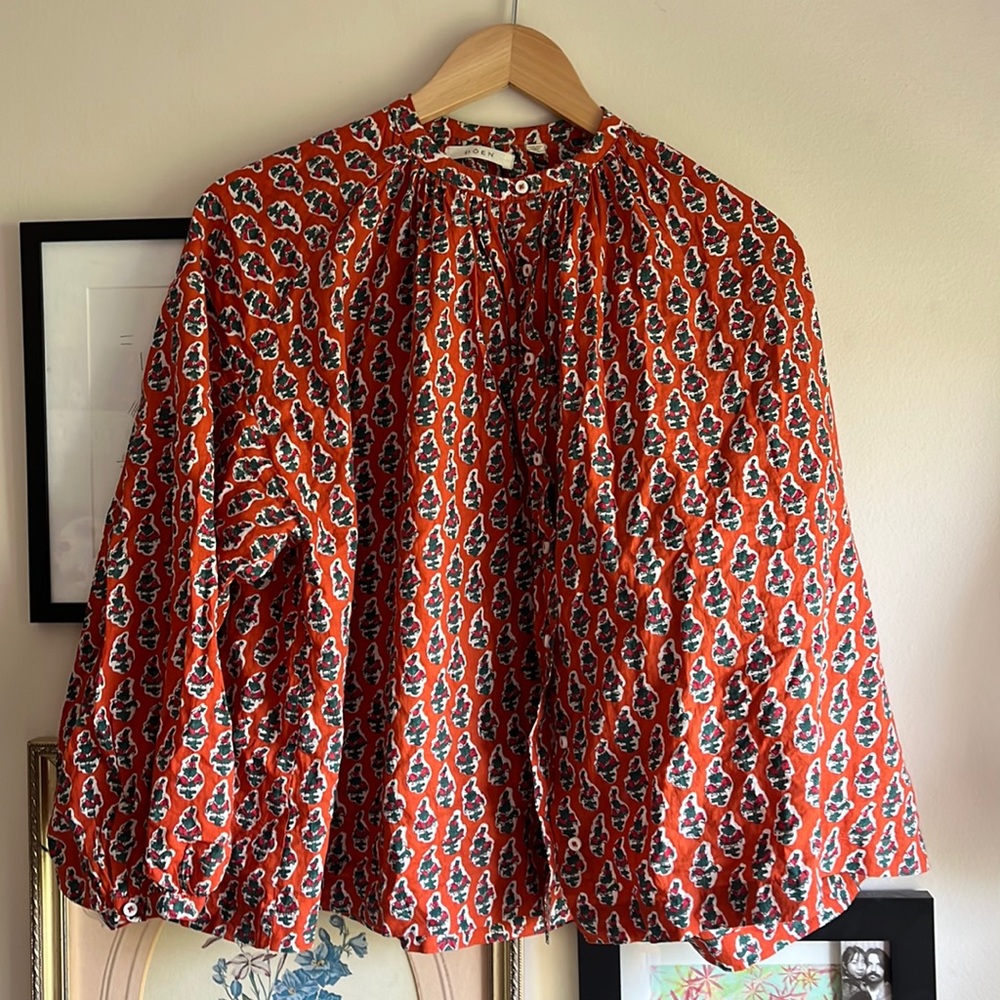 Doen XS Woodblock Print Floral Cotton Orange Blouse